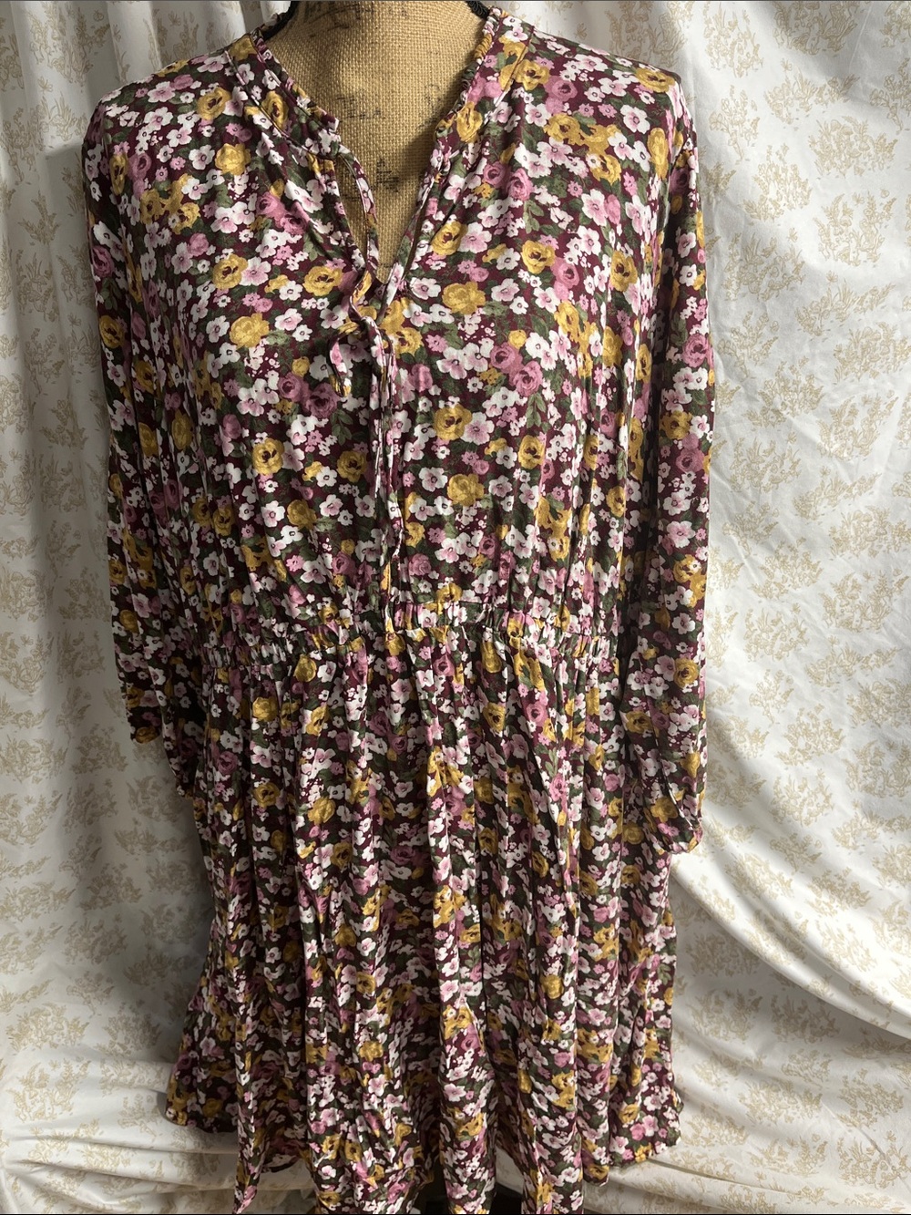 torrid Floral Long Sleeve Tiered Dress - Pink, Mustard & Brown Base. At knee